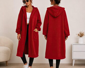 Red Cardigan Women Oversized Fleece Hoodie Long Fleece Coat With Hood Cozy Overcoat Fall Winter Jacket With Pockets Handmade Gift For Her
