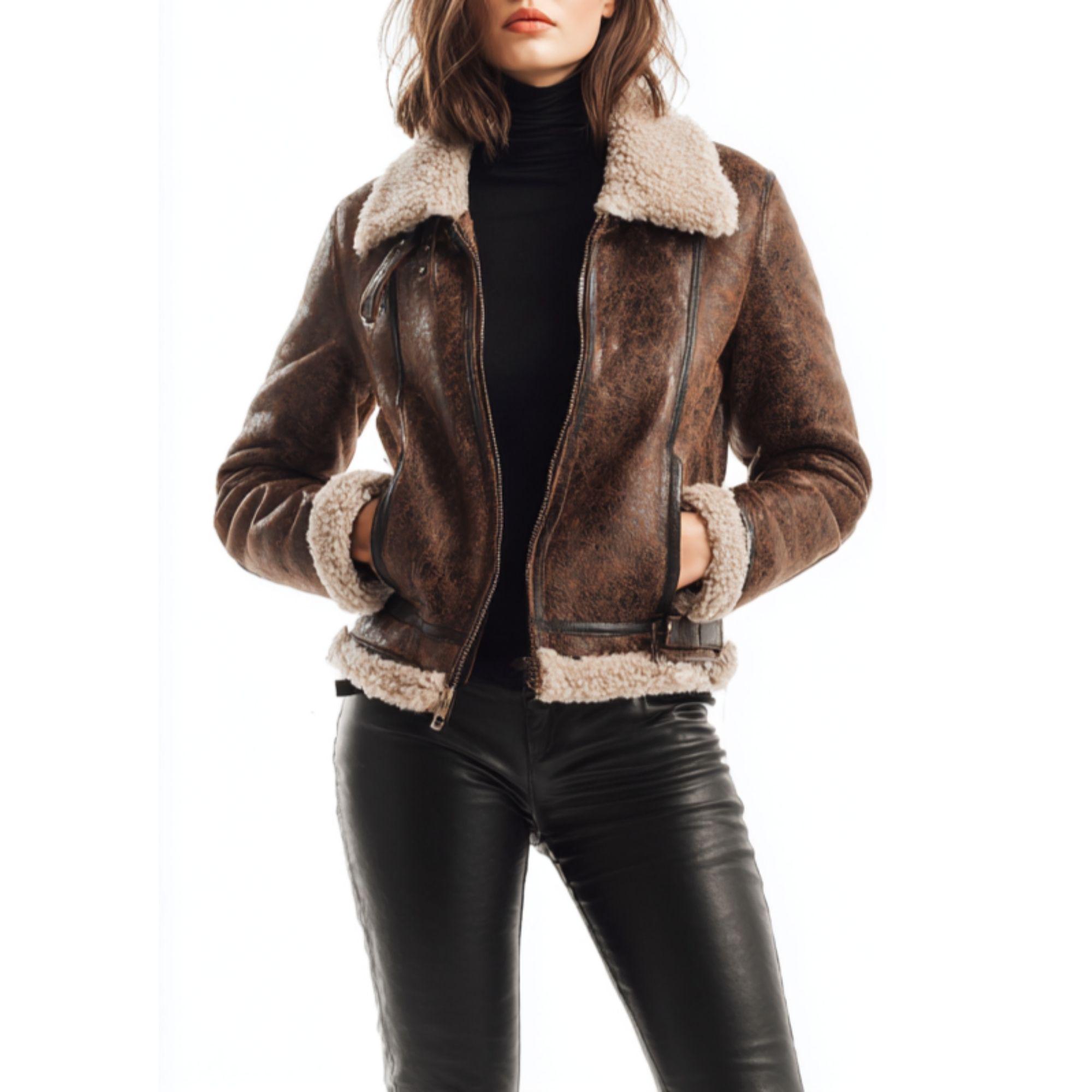 Cognac Braun Flugjacke 100% Echtes Schaffell Scherleder