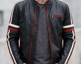 Cafe Racer Jacket Mens Black Leather Motorcycle Jacket White Red Strips Natural Leather Biker Jacket Casual Handmade Jacket Gift For Him