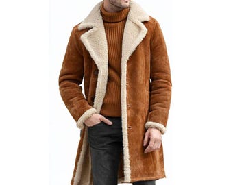 Suede Sherpa Shearling Jacket Men's Suede Brown Jacket Gift for Him Real Suede Leather Shearling Coat Winter Fashion Warm Fur Coat