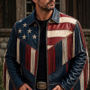 May include: A blue, red, and white leather jacket with fringe. The jacket features a design reminiscent of the American flag, with stars and stripes. The jacket has a zipper closure and a decorative belt buckle.