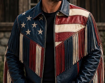 メンズ USA フラッグ ウエスタン フリンジ ジャケット 本革シープスキン ウエスタン カウボーイ レザー ジャケット アメリカン 愛国的 バイカー ジャケット カントリー コンサート ギフト