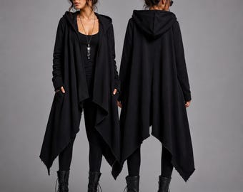ブラック ゴシック フーディー レディース カーディガン ロング フリース ジャケット フード付き アバンギャルド フーディー クローク ゴシック ファッション ハンドメイド ウィンター ジャケット 彼女へのギフト