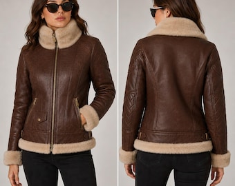 Women's Faux Shearling Fur Jacket Brown Sherpa Moto Jacket Natural Leather Jacket High Fur Collar Jacket Aviator Biker Winter Jacket Gift