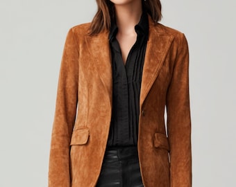 Brown Leather Blazer Jacket Women's Genuine Suede Blazer Vintage Leather Coat Single Breasted Office Coat Business Formal Wear Handmade Gift
