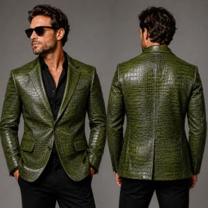 Mens Croc Embossed Leather Blazer Jacket Vintage Green Leather Coat Alligator Texture Formal Office Coat Luxury Leather Jacket Gift For Him