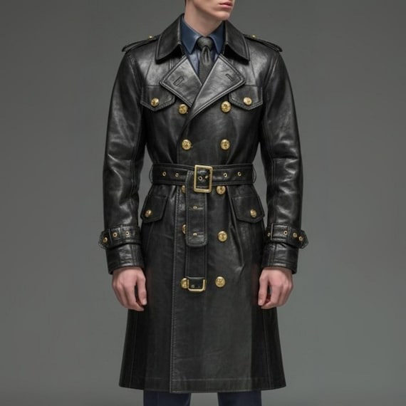 Black Trench Coat Mens Black Long Coat Gift for Son Belted Overcoat Real Leather Double Breasted Winter Fashion Formal Jacket for Him