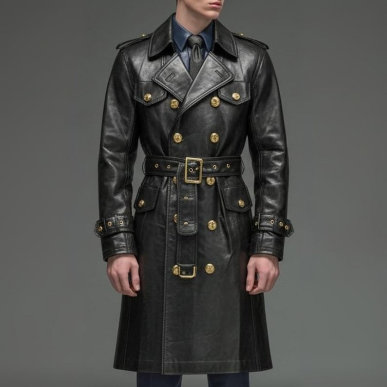 Men’s black leather trench coat, long double-breasted overcoat with belt and gold buttons