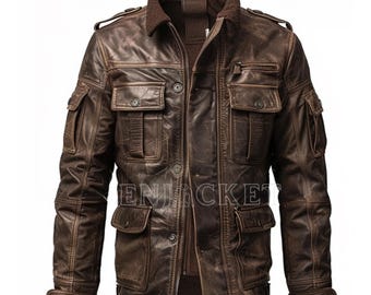 Brown Leather Coat Men's Vintage Military Field Jacket Handmade Real Cowhide Winter Outerwear Warm Casual Trucker Safari Jacket Gift for Him