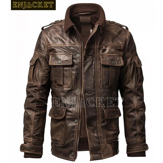 Brown Leather Coat Men's Vintage Military Field Jacket Handmade Real Cowhide Winter Outerwear Warm Casual Trucker Safari Jacket Gift for Him