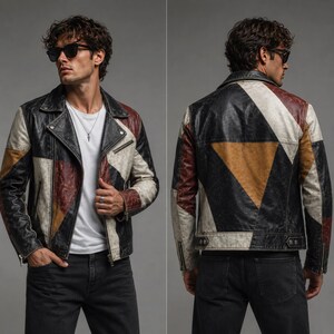 Chaqueta de cuero estilo motero vintage para hombre, estilo patchwork, hecha a mano, con efecto desgastado, estilo retro. Abrigo de lujo con un toque artístico.
