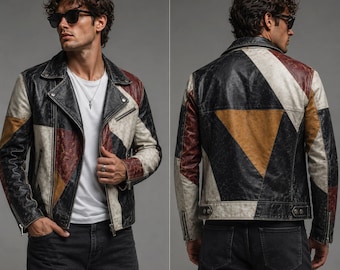 メンズ ヴィンテージ パッチワーク ジャケット レザー バイカー ジャケット ハンドメイド ダメージ加工 モト ジャケット レトロ モーターサイクル ジャケット ラグジュアリー アーティスティック ステートメント コート