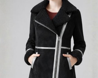Biker Jacket Suede Womens Jacket Black Suede Coat Sherpa Shearling Suede Leather Real Suede Sherpa Jacket Casual Fashion Gift For Her