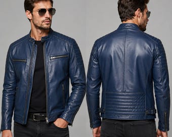 ブルーのバイカーレザージャケット、メンズ本革カフェレーサージャケット、キルティングショルダー、モーターサイクルジャケット、手作りレザーギフト（男性向け）