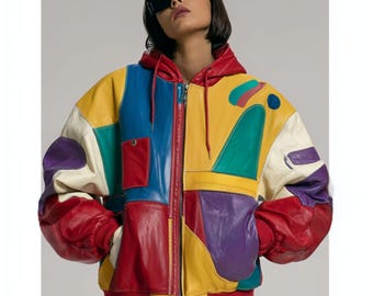 Oversized Leather Bomber Jacket Women's Retro Multicolor Patchwork Real Leather Hoodie Jacket Bold Streetwear Fashion Lover Gift For Artist