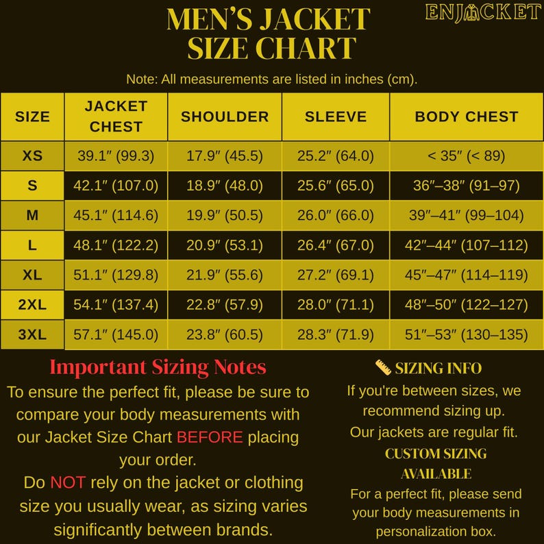 May include: A jacket size chart with a black background and gold text. The table lists sizes XS through 3XL with measurements in inches and centimeters for jacket chest, shoulder, sleeve, and body chest. Includes sizing notes and instructions.