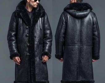 Herren Lammfell Mantel Schwarz Langer Mantel Kunstpelz Shearling Lederjacke mit Hoodie Echte Schaffell Leder Winterjacke Handgefertigtes Geschenk