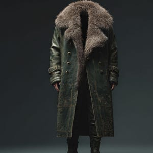 May include: A long, dark green leather coat with a large, brown fur collar. The coat has a double-breasted design with gold buttons and a belt at the waist. The coat is worn with black boots.