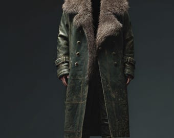 May include: A long, dark green leather coat with a large, brown fur collar. The coat has a double-breasted design with gold buttons and a belt at the waist. The coat is worn with black boots.