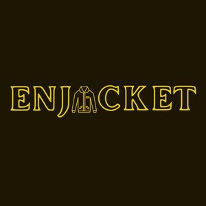 May include: A dark brown background featuring the yellow text ENJACKET in a bold, serif font. The letter J is replaced by a simple yellow line-art icon of a collared jacket with long sleeves, a front zipper, and two pockets.