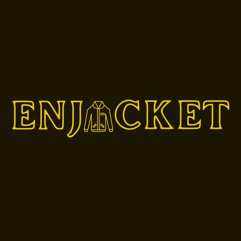 May include: A dark brown background featuring the yellow text ENJACKET in a bold, serif font. The letter J is replaced by a simple yellow line-art icon of a collared jacket with long sleeves, a front zipper, and two pockets.