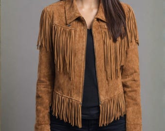 Jaqueta Cowgirl Feminina com Franjas em Camurça Marrom, Estilo Western, com Zíper, em Couro Legítimo, Feita à Mão, Ideal para Uso Casual e Presente Perfeito para Ela