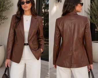 Women's Leather Blazer Brown Lamb Leather Jacket Single Button Blazer Leather Coat Classic Office Jacket Handmade Formal Wear Coat Gift