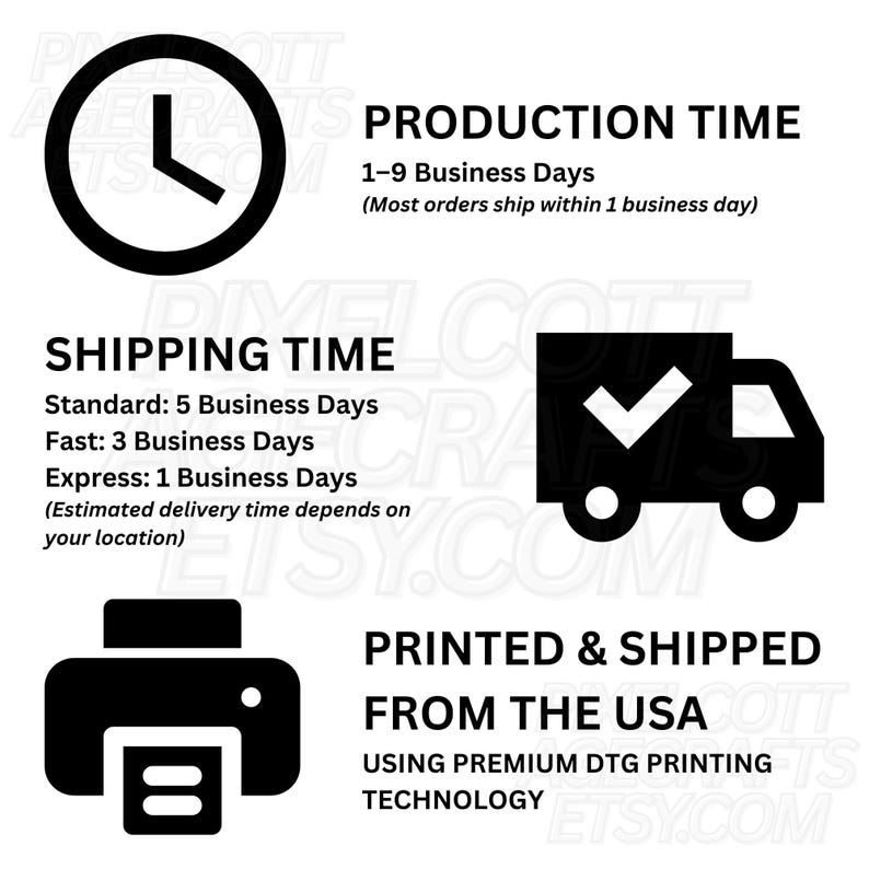 May include: Black and white graphic with text about production and shipping times. Includes a clock icon, a truck icon with a checkmark, and a printer icon. Text states "Printed & Shipped From The USA."