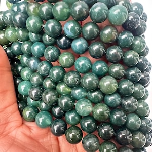 Polished Moss Agate Beads 8mm: Earthy Green Gemstone Strand