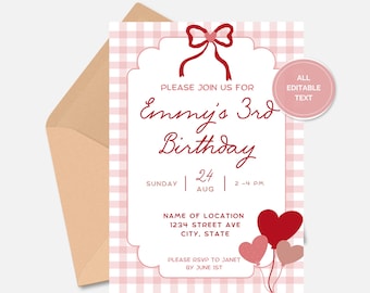Gingham and Bows EDITABLE Birthday Party Invitation, Pink Gingham Party Invitation Template