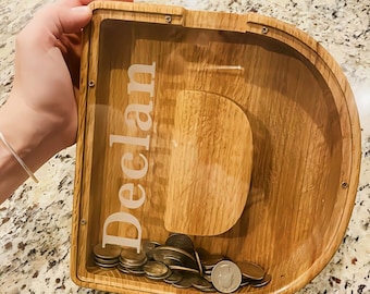 Personalized Large Wooden Kids Letter Piggy Bank Custom Name Coin Bank, ( Laser Engraved Name ) Wood Alphabet Letter Bank Money Box Birthday