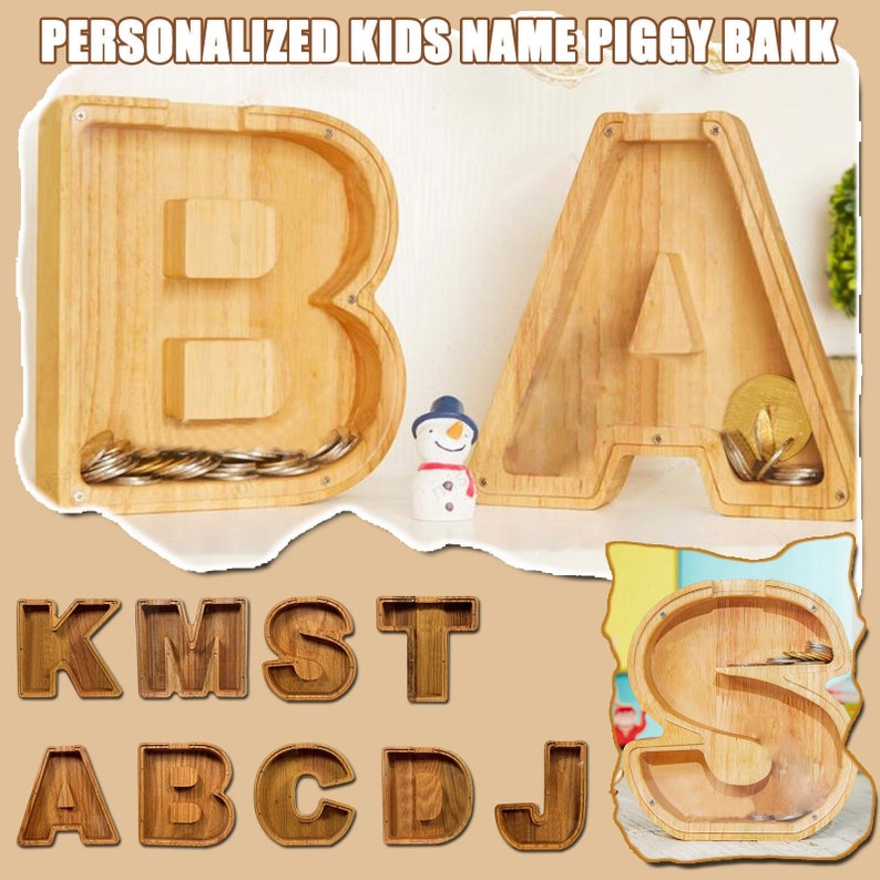 Personalized Large Wooden Kids Letter Piggy Bank Custom Name Coin Bank, Laser Engraved Name Wood Alphabet Letter Bank Money Box Birthday image 5