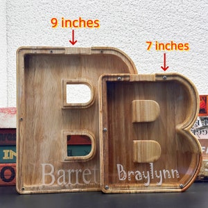 9.1 in Personalized Wooden Letter Piggy Bank for Boys and Girls with Children's Letters, Laser Engraved Names,Children's Birthday Gifts image 2