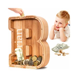Alcancía de madera, alcancía personalizada, regalo de madera para niños, regalo neutro para baby shower, alcancía con letras personalizada, decoración para habitación infantil.