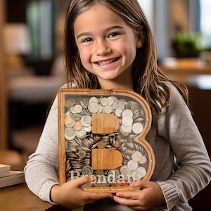 Alcancía de madera grande personalizada con letras para niños, con nombre personalizado (nombre grabado a láser), alcancía de madera con letras del alfabeto, ideal para cumpleaños