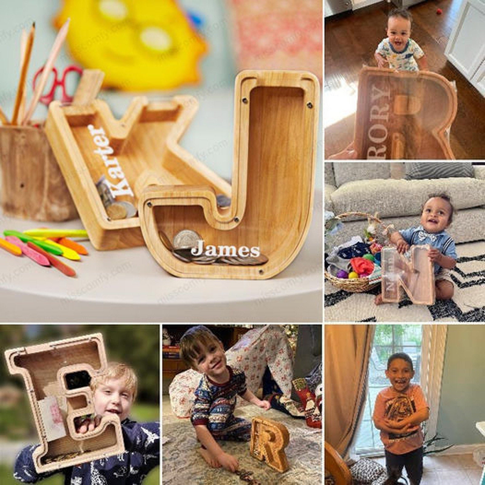 Crefun Large Wooden Letter Piggy Bank - 9.1 Inch, Customizable With Stickers, For Kids & Adults