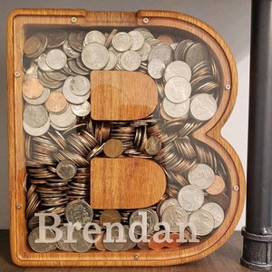 Personalized Large Wooden Kids Letter Piggy Bank Custom Name Coin Bank, Laser Engraved Name Wood Alphabet Letter Bank Money Box Birthday image 1