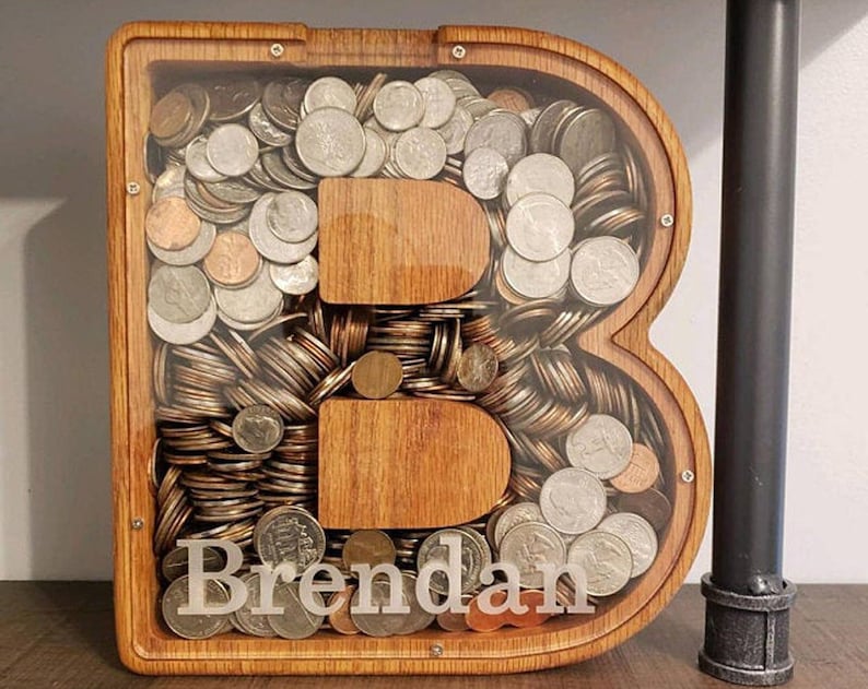 Personalized Large Wooden Kids Letter Piggy Bank Custom Name Coin Bank, Laser Engraved Name Wood Alphabet Letter Bank Money Box Birthday image 1