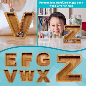 Personalized Large Wooden Kids Letter Piggy Bank Custom Name Coin Bank, Laser Engraved Name Wood Alphabet Letter Bank Money Box Birthday image 4