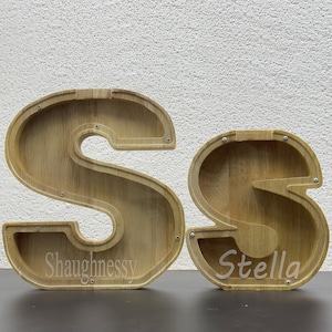 Cofrinho personalizado com nome gravado a laser, banco de armazenamento de letras do alfabeto criativo, brinquedo de madeira personalizado com letras diy para presente de crianças