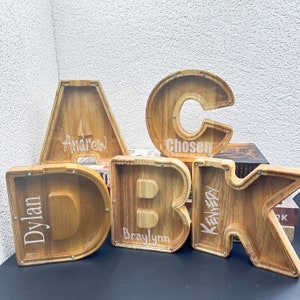 Hucha de madera grande personalizada para niños, nombre personalizado, banco de monedas, (nombre grabado con láser), alfabeto de madera, caja de dinero, cumpleaños