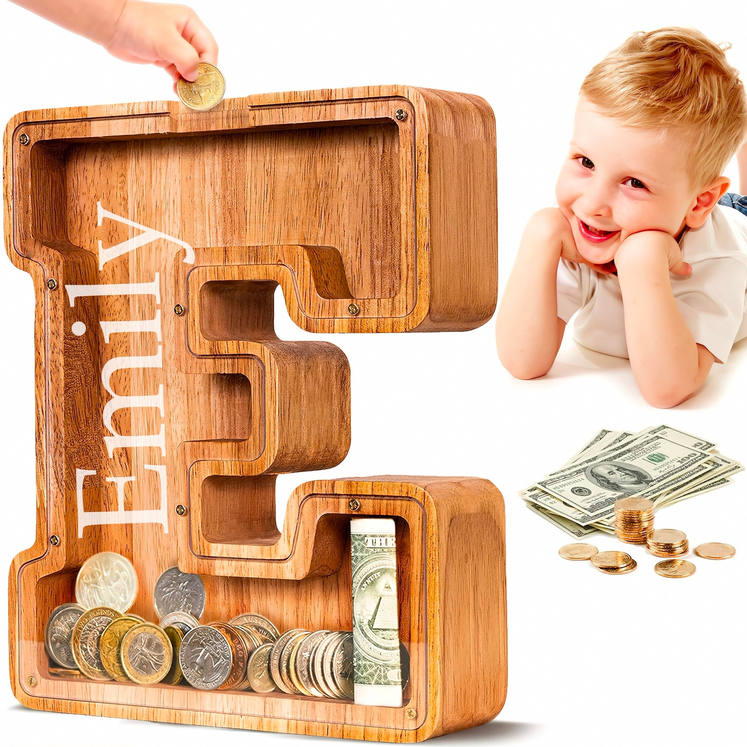 Personalized Large Wooden Letter Piggy Bank – 9 Inch Custom Initial Coin Bank, Laser Engraved
