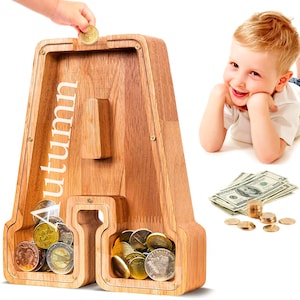 Alcancía de madera grande personalizada con letras para niños, con nombre personalizado (nombre grabado a láser), alcancía de madera con letras del alfabeto, ideal para cumpleaños