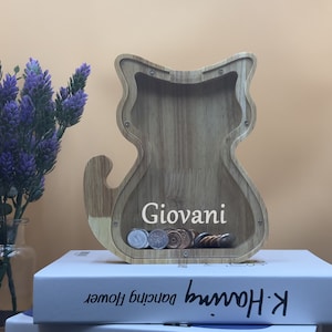 Personalized Cat Piggy Bank: Montessori Wood Coin Bank, Kids Birthday Gift