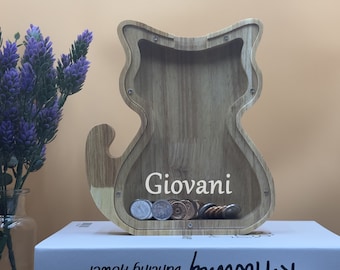 Salvadanaio gatto personalizzato, Salvadanaio in legno, Teach Saving Montessori Bank, Barattolo per il cambio di denaro, Salvadanaio per bambini, regali per bambini, regalo di compleanno