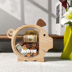 Personalized Wood Piggy Bank: Montessori Savings Jar, Kids Birthday Gift