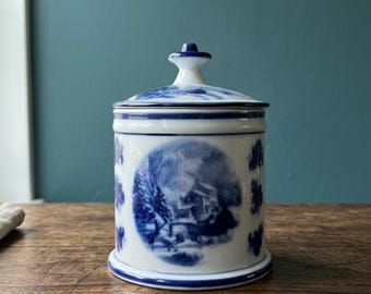 Pojemnik z porcelany Cracker Barrel w kolorze niebiesko-białym z pokrywką – słoik na cukierki – nowy w pudełku