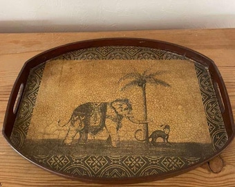 Bandeja de madera vintage Pier 1 Imports con asas – Diseño bohemio asiático – 38,7 cm (15,25 pulgadas)