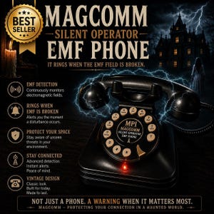 Może przedstawiać: Czarny telefon z tarczą w stylu vintage z napisem Magcomm Silent Operator EMF Phone. Urządzenie posiada okrągłą tarczę z cyframi i literami, czerwoną lampkę kontrolną i jest otoczone niebieskimi iskrami elektrycznymi. Tekst zawiera wykrywanie EMF, dzwoni, gdy pole EMF zostanie przerwane, chroń swoją przestrzeń, pozostań w kontakcie i design vintage.