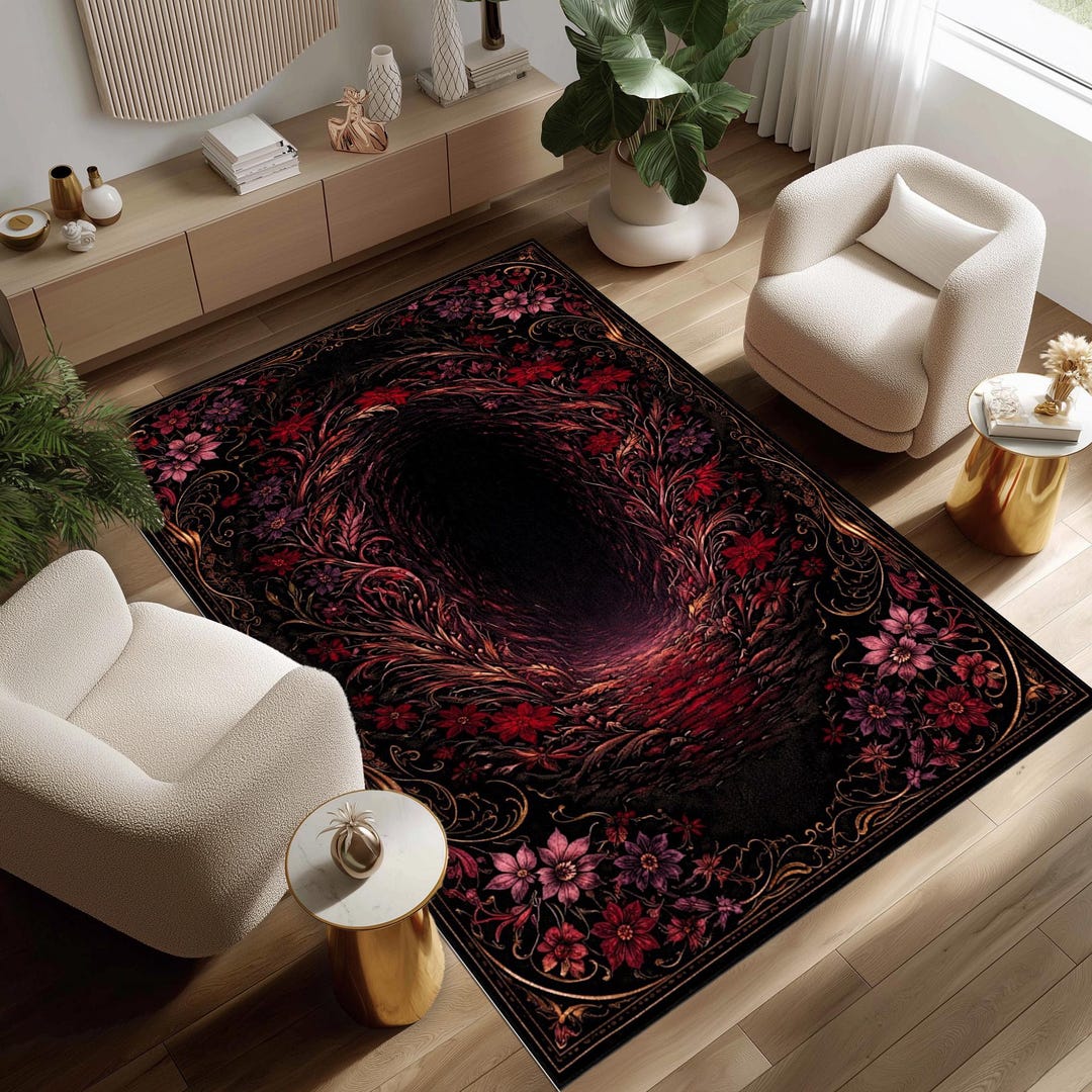 Dark Floral Gothic Rug, Mystical Vortex Area Rug, Black Red Floral ...